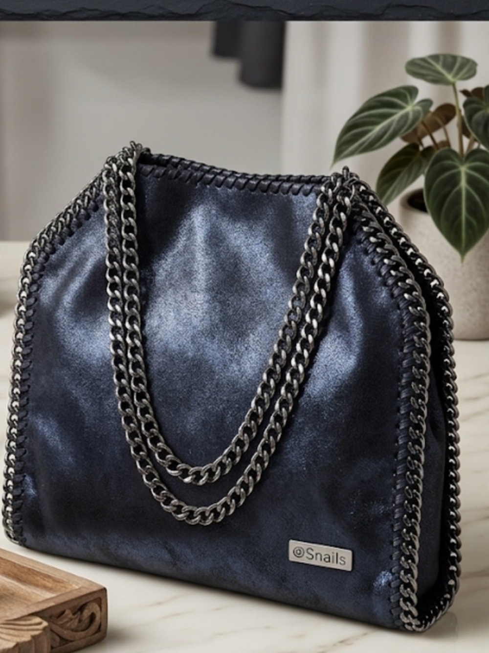 Snails 🐌 Metallic Black Snails Tote Bag with Lead-Tone Chain Detail